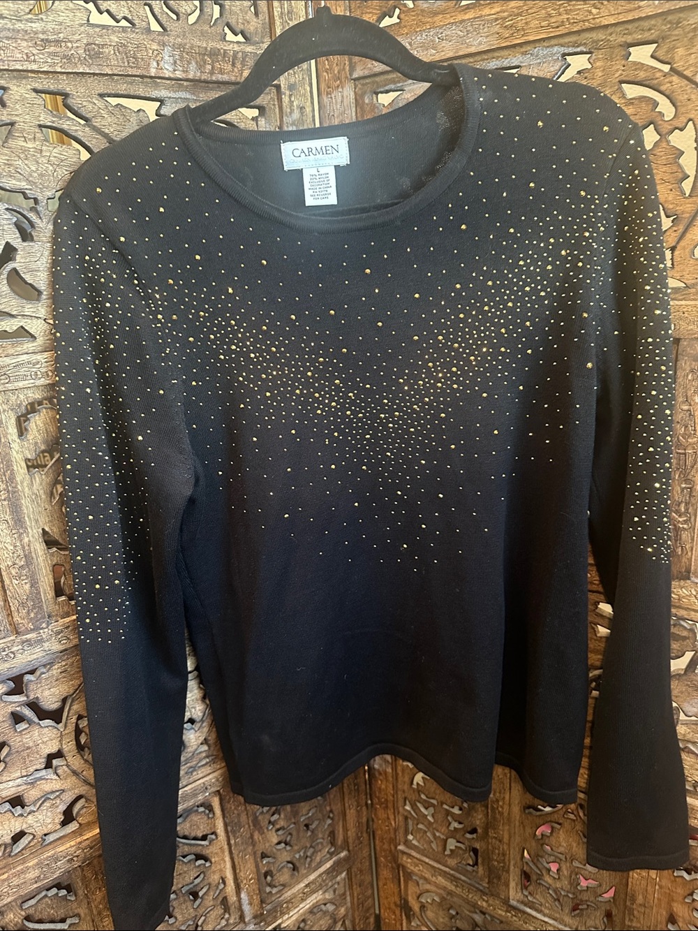 Carmen Marc Valvo Black Sweater with Gold Stud Embellishments